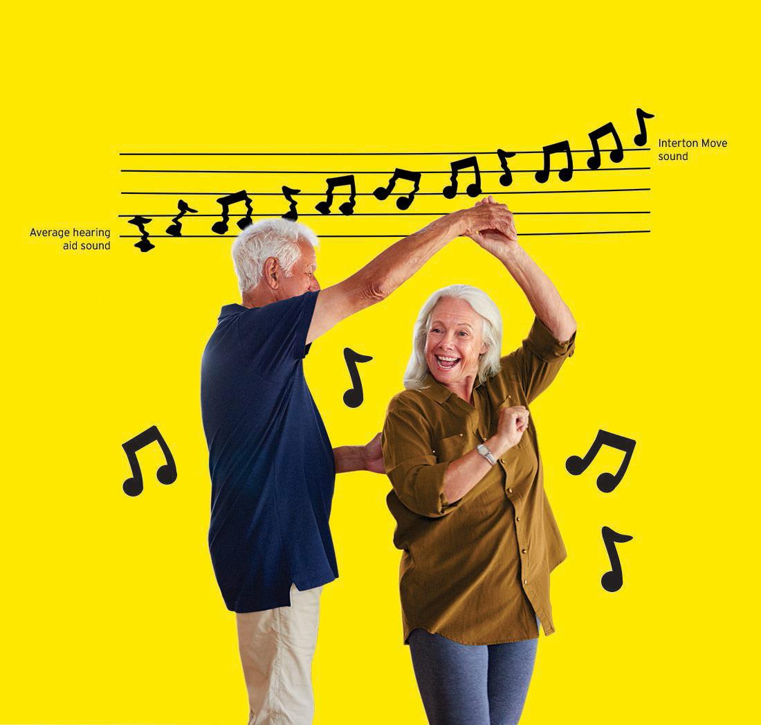 Couple dancing happily with the use of new Interton Move hearing aids.