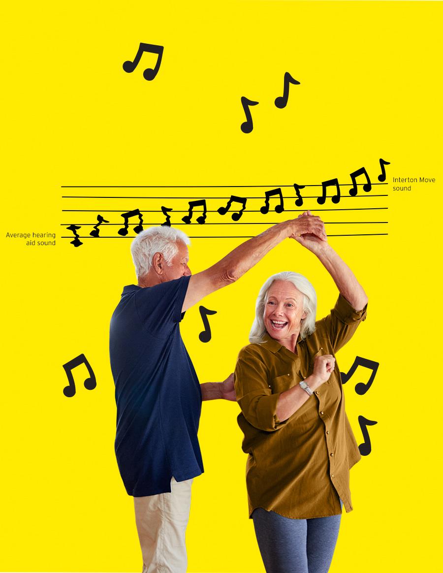 Couple dancing happily with the use of new Interton Move hearing aids.