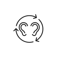 Three arrows circling around two shapes that represent ears