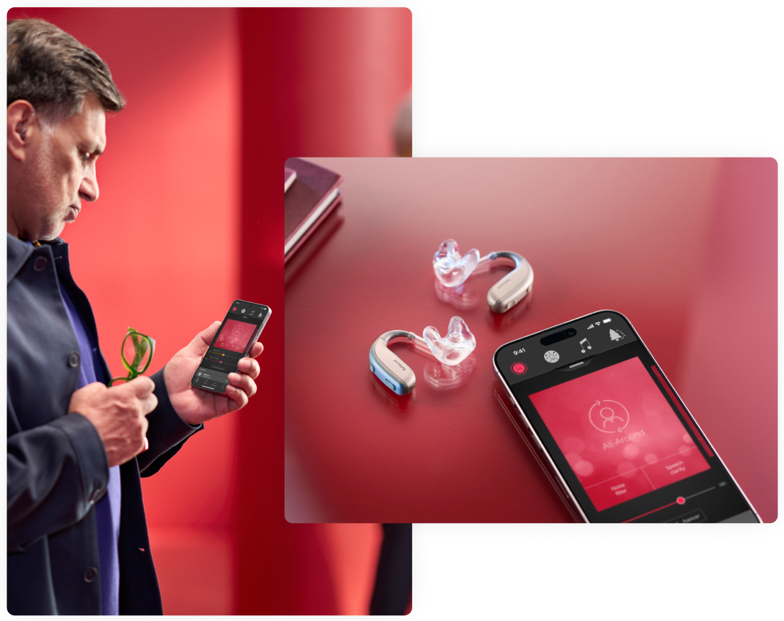 A person  wearing the ReSound Enzo IA hearing aids connects to the Auracast Assistant on his phone.