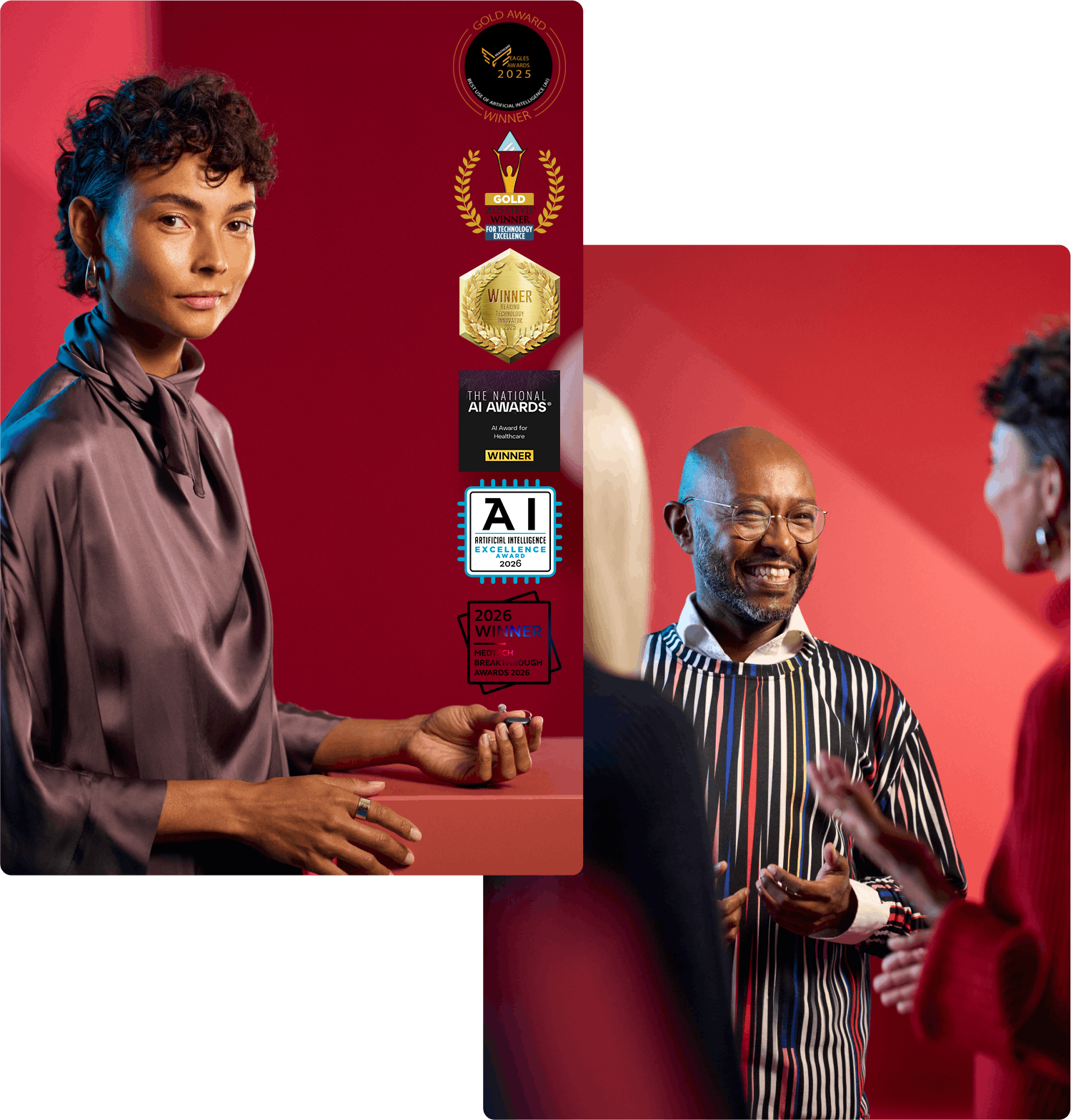 Lady holding a hearing aid in her hand and a group of people talking - award for best use of AI in hearing aids